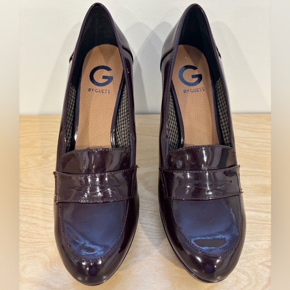 Guess Wine Burgundy Patent Leather Loafer Style Heels – Size 9.5 M NWB